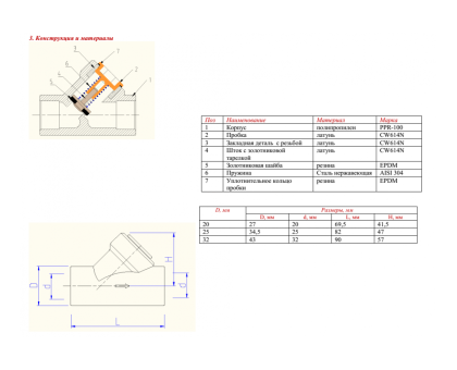 Клапан обратный полипропиленовый VALTEC 32 мм, VTp.716.0.032