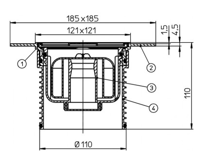 Насадка Hutterer & Lechner из ПП, с ПВХ консолью 185x185 мм и решёткой 115х115 мм, запахозапирающее устройство Primus, DN 110 мм