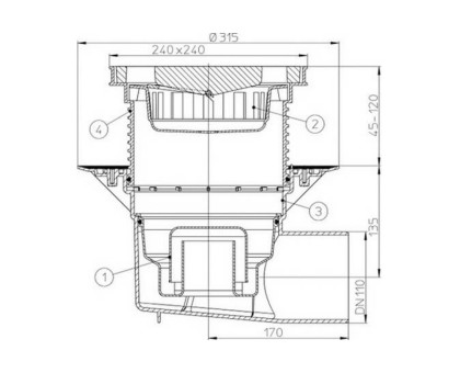 Дворовый трап Hutterer & Lechner Perfekt с сифоном (гориз. выпуск) макс. нагрузка 5-7 тонн, DN 110 (Россия)