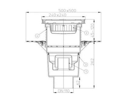 Дворовый трап Hutterer & Lechner Perfekt, верт. выпуск, с полимербитумным полотном, с решеткой из нерж.стали, до 2,5 тонн, DN 110