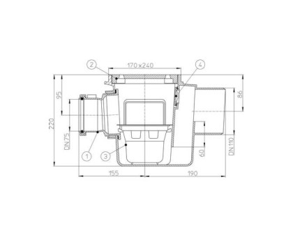 Трап Hutterer & Lechner с решеткой из ABS 170x240мм, с грязесборником, DN 110/75