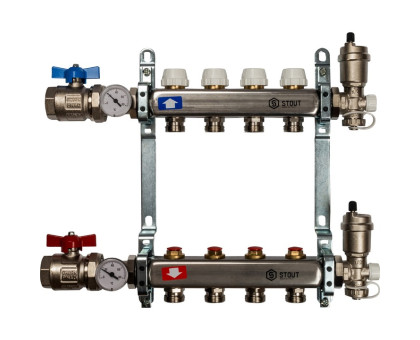 Коллектор из нержавеющей стали Stout в сборе без расходомеров 4 вых. (SMS-0912-000004)