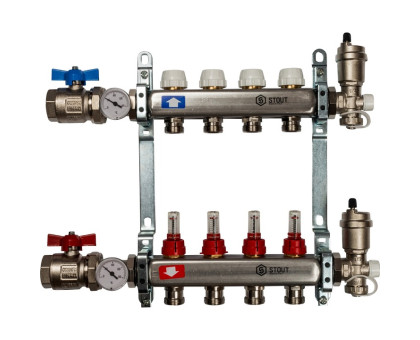 Коллектор из нержавеющей стали Stout в сборе с расходомерами 4 вых. (SMS-0907-000004)