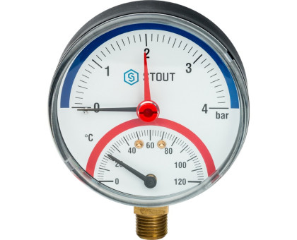 Термоманометр Stout радиальный в комплекте с автоматическим запорным клапаном. Корпус Dn 80мм 1/2", 0...120°C, 0-4 бар. (SIM-0006-800415)
